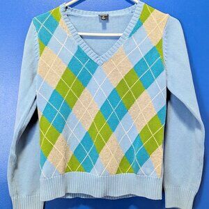 Chunky Blue w/ Green/Gray/Dark Blue Argyle V-Neck Sweater, size medium